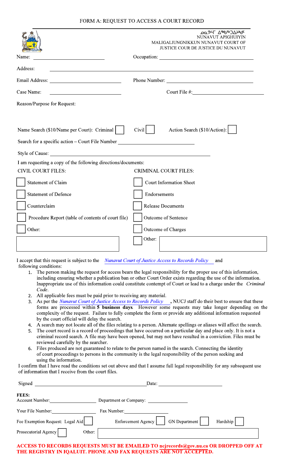 Form A Request to Access a Court Record - Nunavut, Canada, Page 1