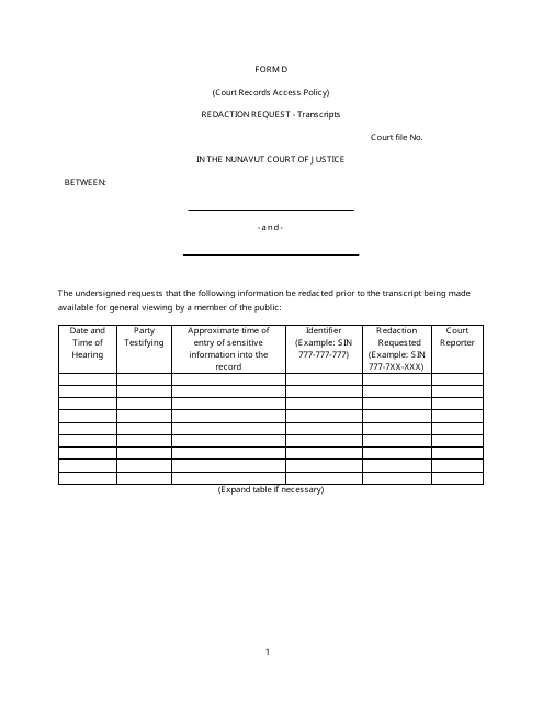 Form D Redaction Request - Transcripts - Nunavut, Canada