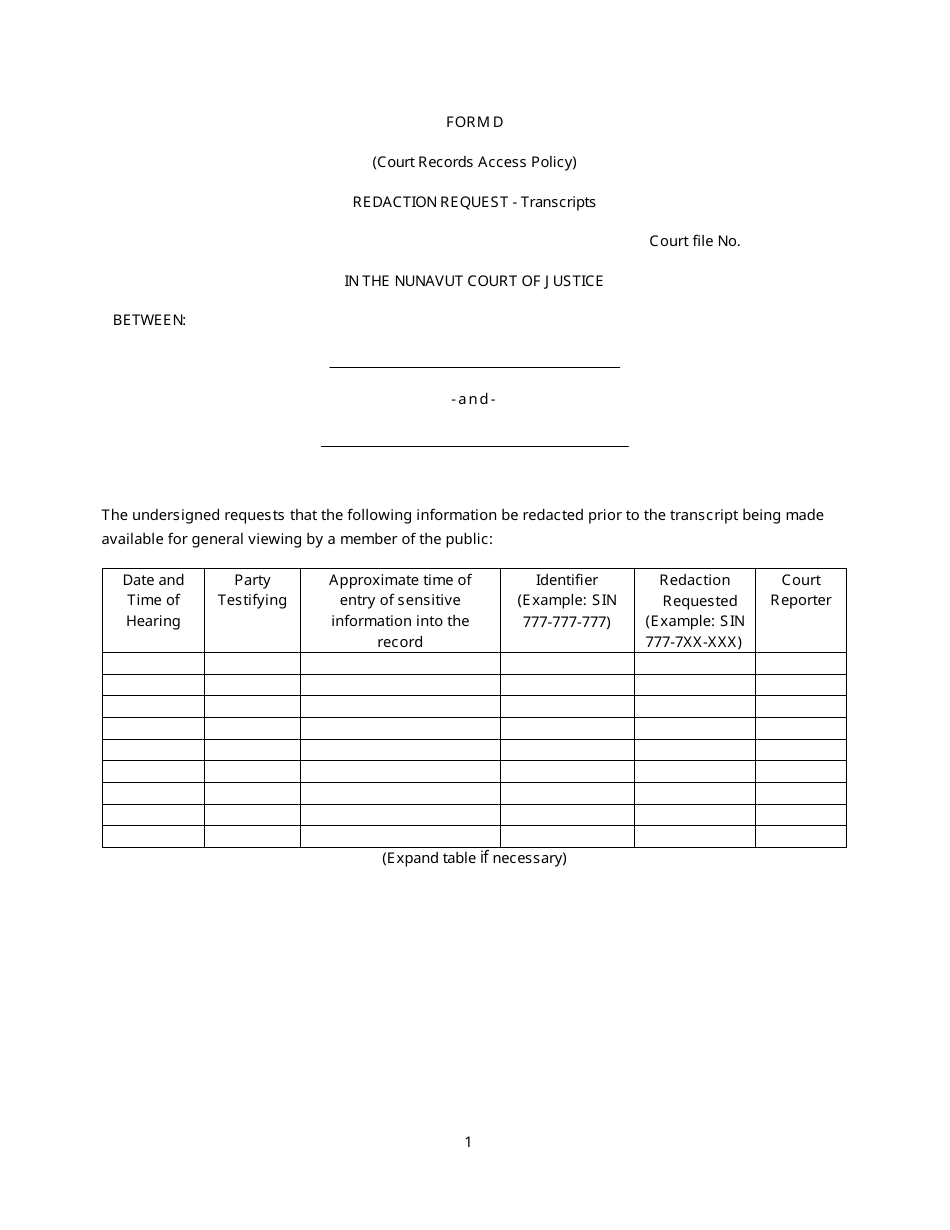 Form D Redaction Request - Transcripts - Nunavut, Canada, Page 1