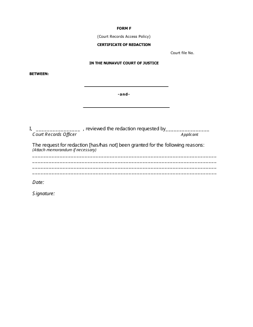 Form F Certificate of Redaction - Nunavut, Canada