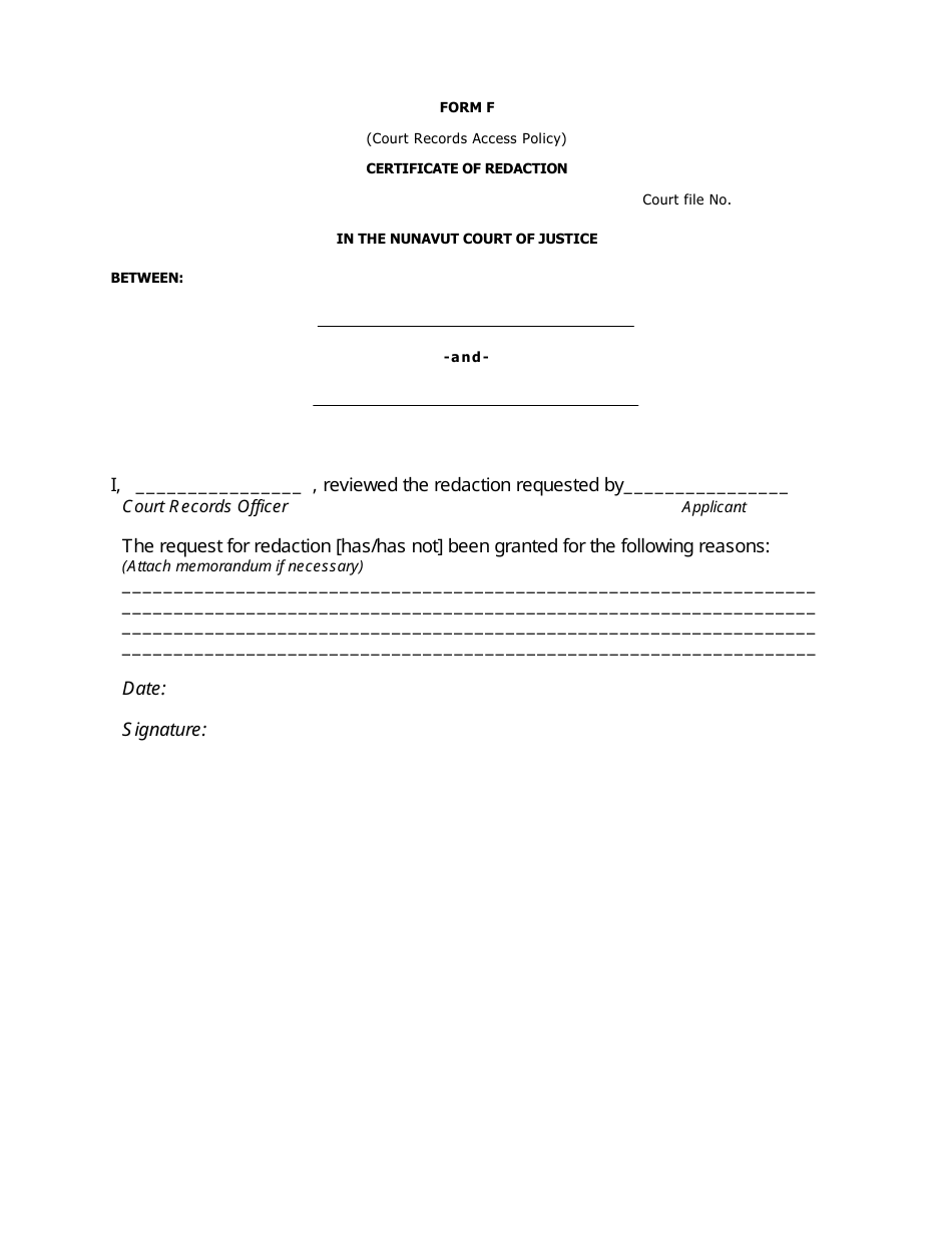 Form F - Fill Out, Sign Online and Download Fillable PDF, Nunavut ...