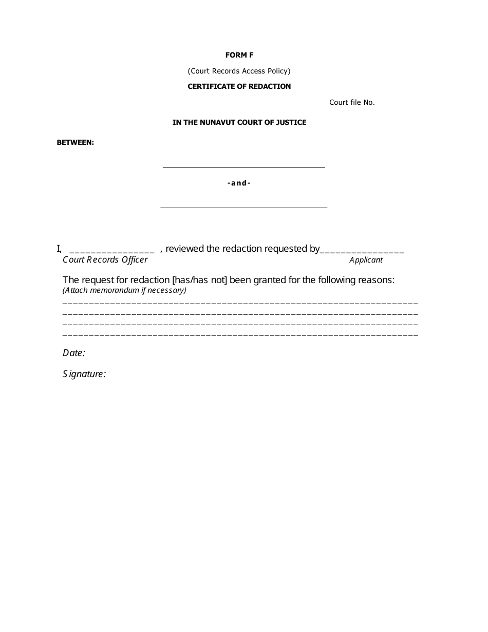Form F Certificate of Redaction - Nunavut, Canada, Page 1