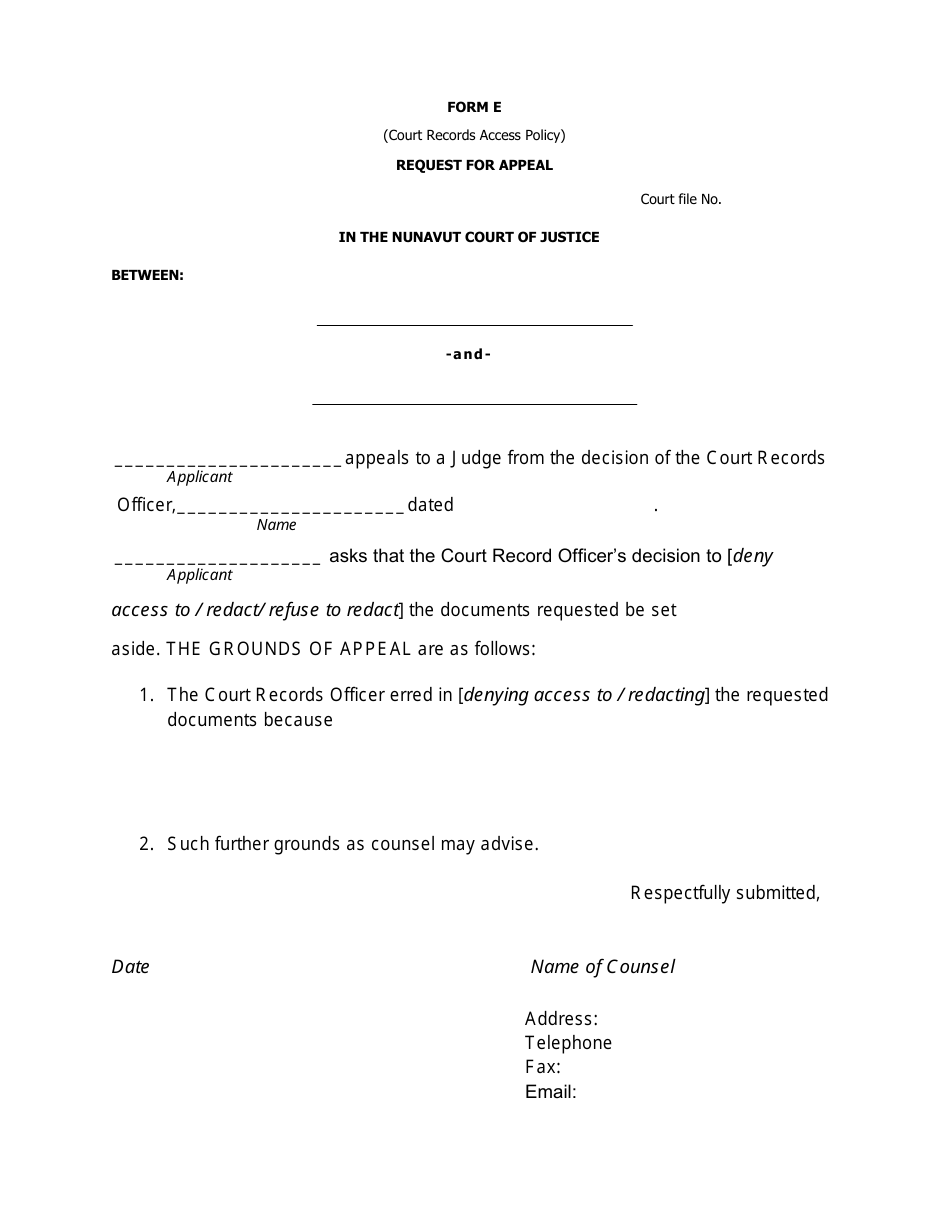 Form E Request for Appeal - Nunavut, Canada, Page 1