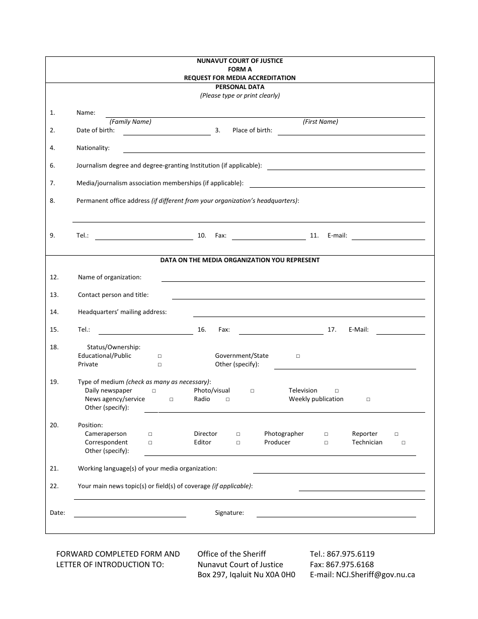 Form A Request for Media Accreditation - Nunavut, Canada, Page 1