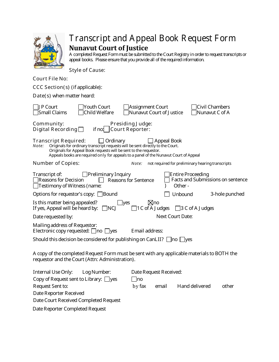 Transcript and Appeal Book Request Form - Nunavut, Canada, Page 1