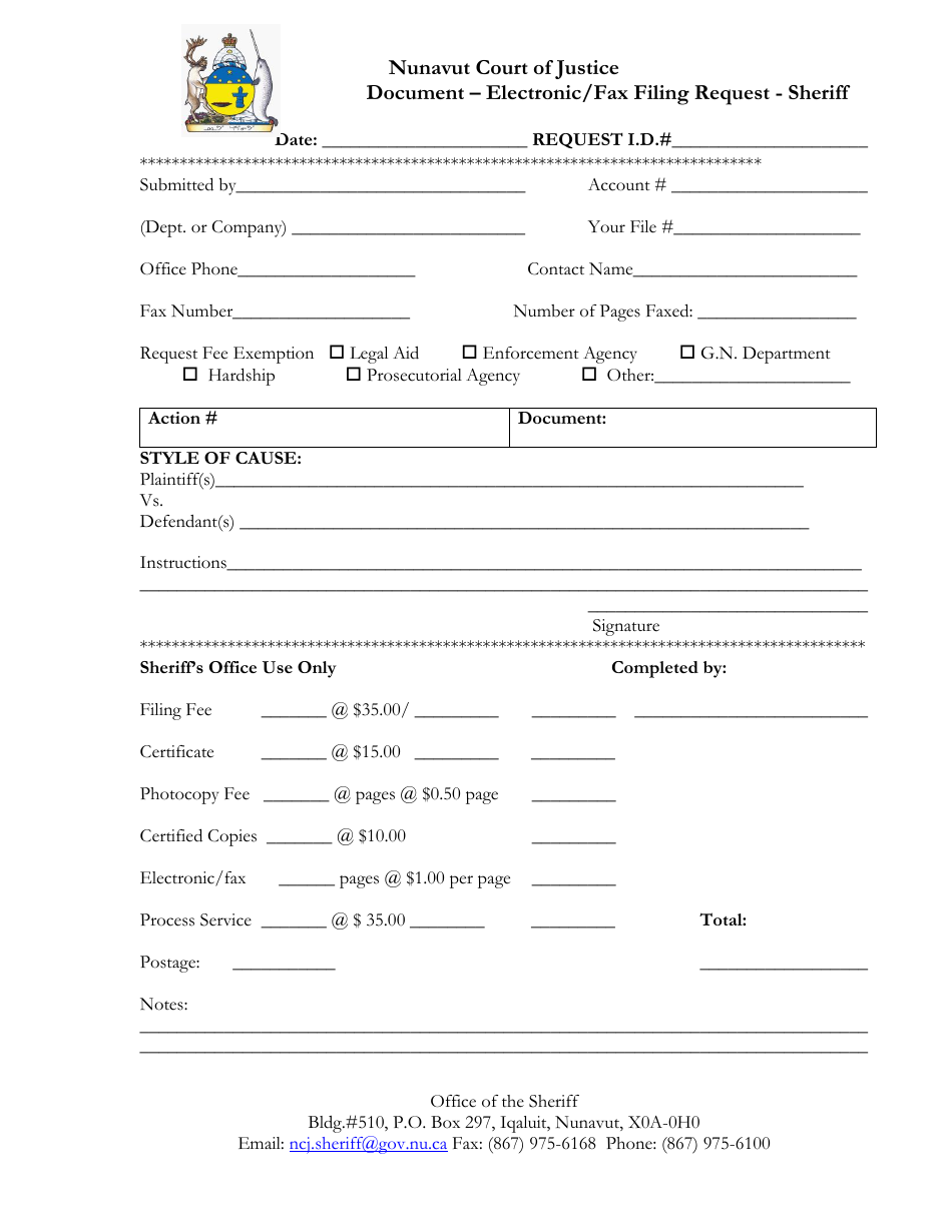 Nunavut Canada Electronic/Fax Filing Request  Sheriff Download