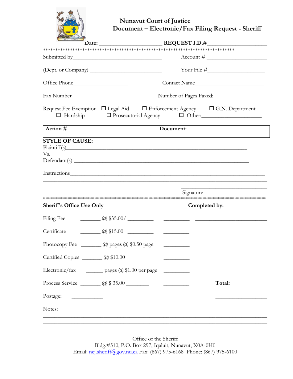Electronic / Fax Filing Request - Sheriff - Nunavut, Canada, Page 1