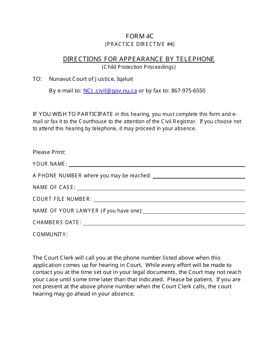 Form 4C Directions for Appearance by Telephone - Nunavut, Canada, Page 1
