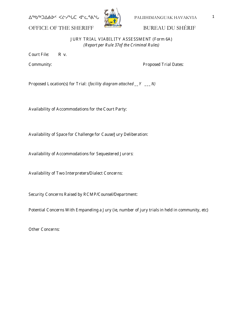 Form 6A Jury Trial Viability Assessment - Nunavut, Canada, Page 1