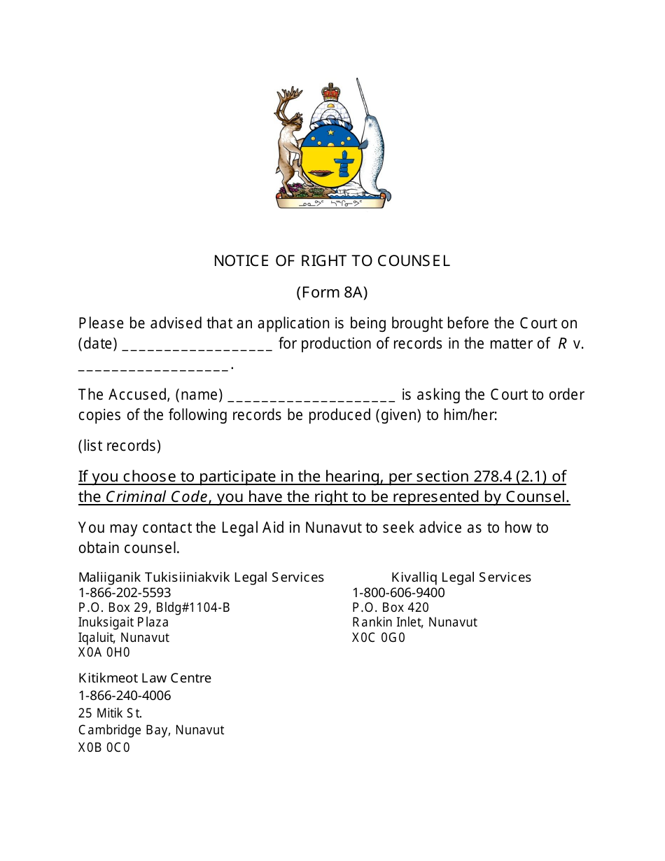 Form 8A Notice of Right to Counsel - Nunavut, Canada, Page 1