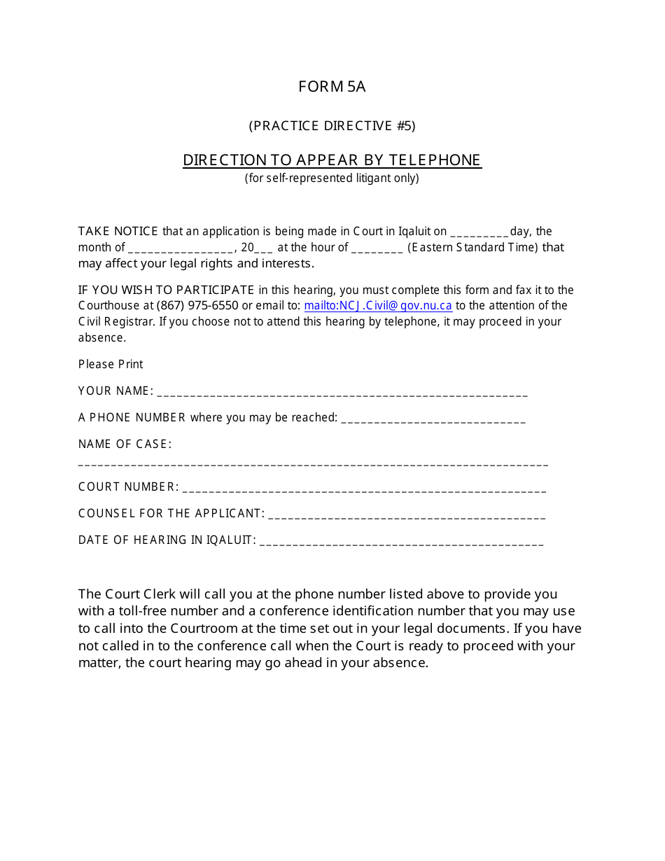 Form 5A Direction to Appear by Telephone - Nunavut, Canada, Page 1