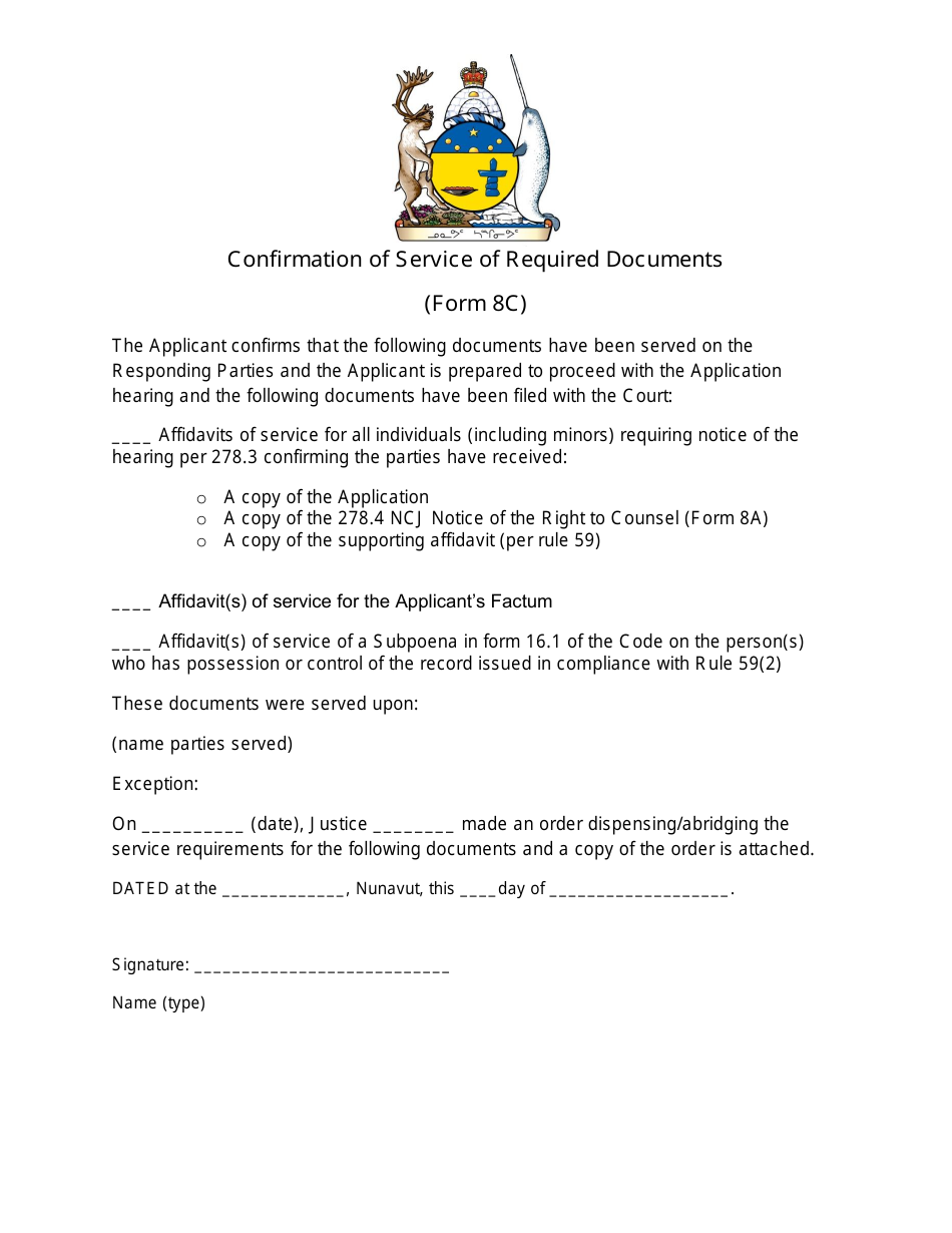 Form 8C Confirmation of Service of Required Documents - Nunavut, Canada, Page 1