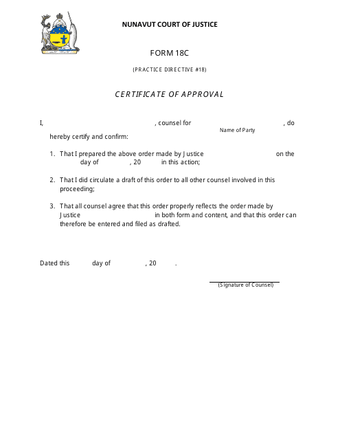 Form 18C Certificate of Approval - Nunavut, Canada