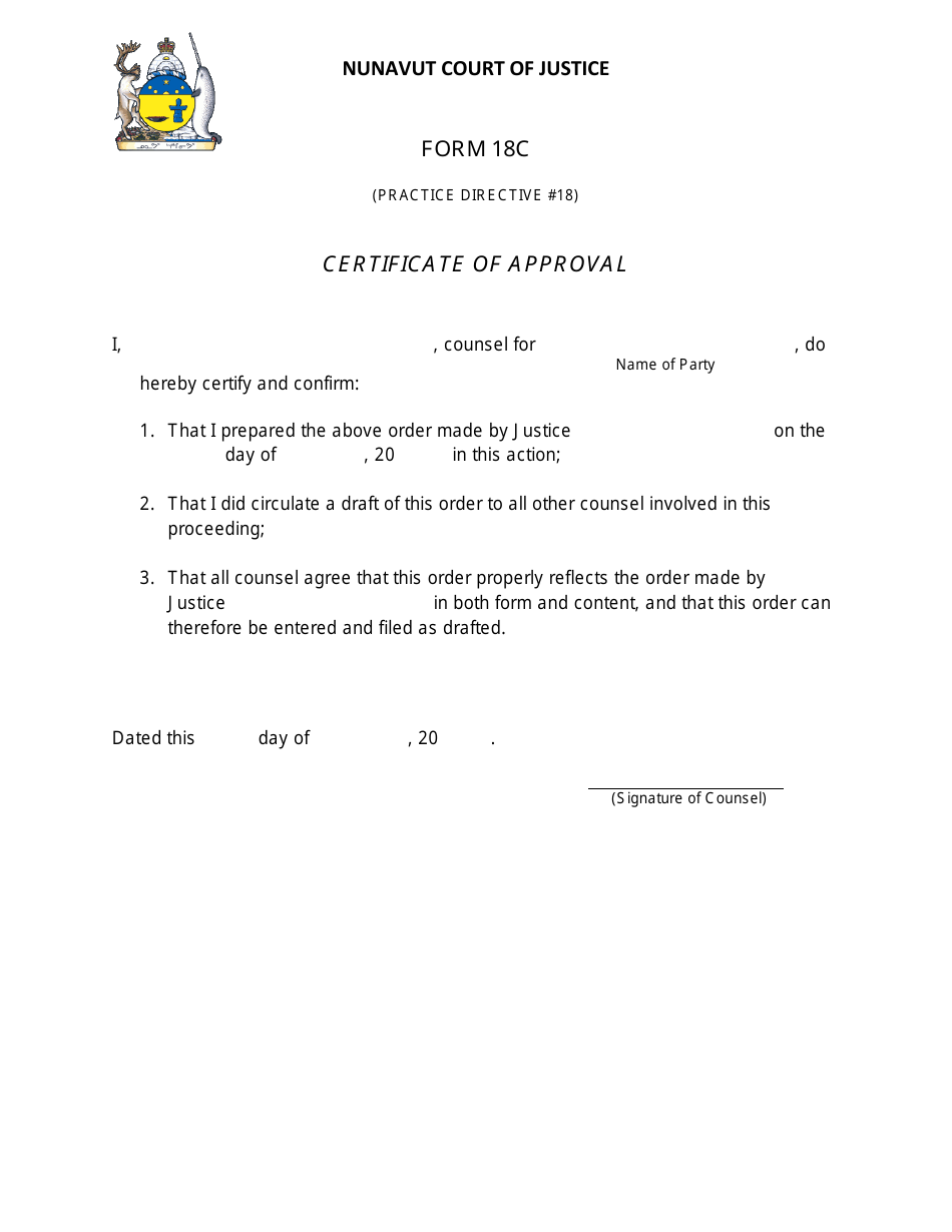 Form 18C Certificate of Approval - Nunavut, Canada, Page 1