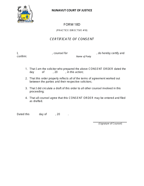 Form 18D Certificate of Consent - Nunavut, Canada