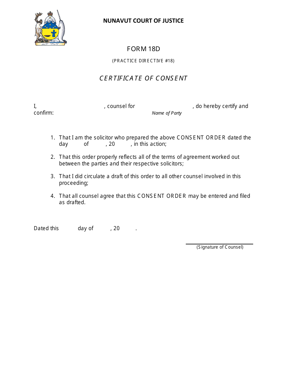 Form 18D Certificate of Consent - Nunavut, Canada, Page 1