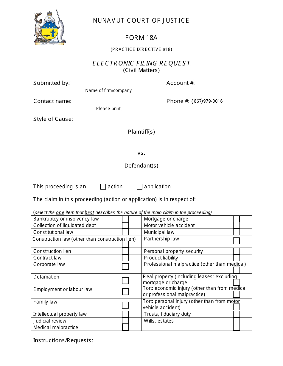 Form 18A Electronic Filing Request (Civil Matters) - Nunavut, Canada, Page 1