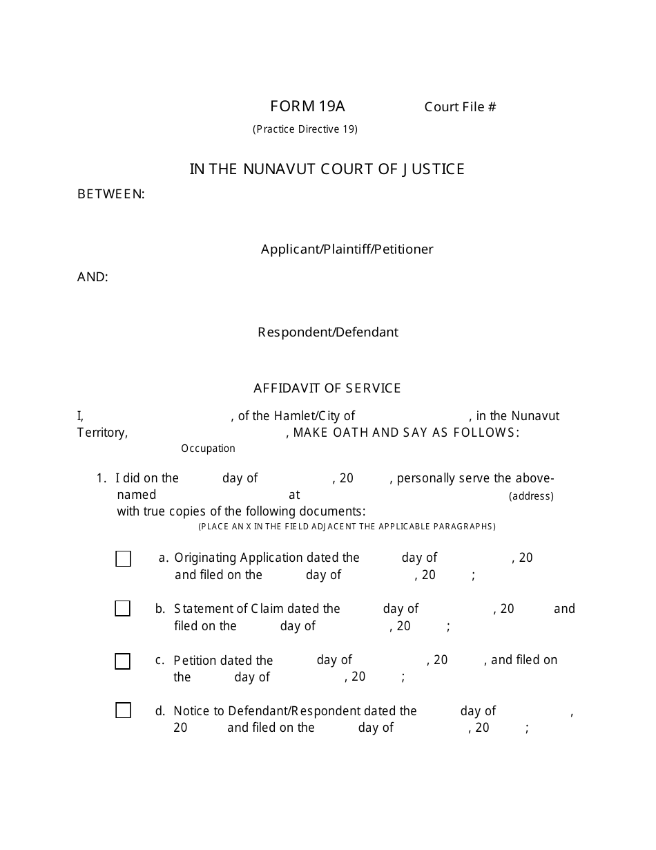 Form 19A Affidavit of Service - Nunavut, Canada, Page 1