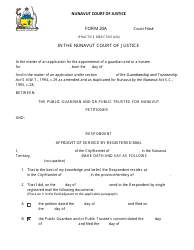 Form 20A Affidavit of Service by Registered Mail - Nunavut, Canada