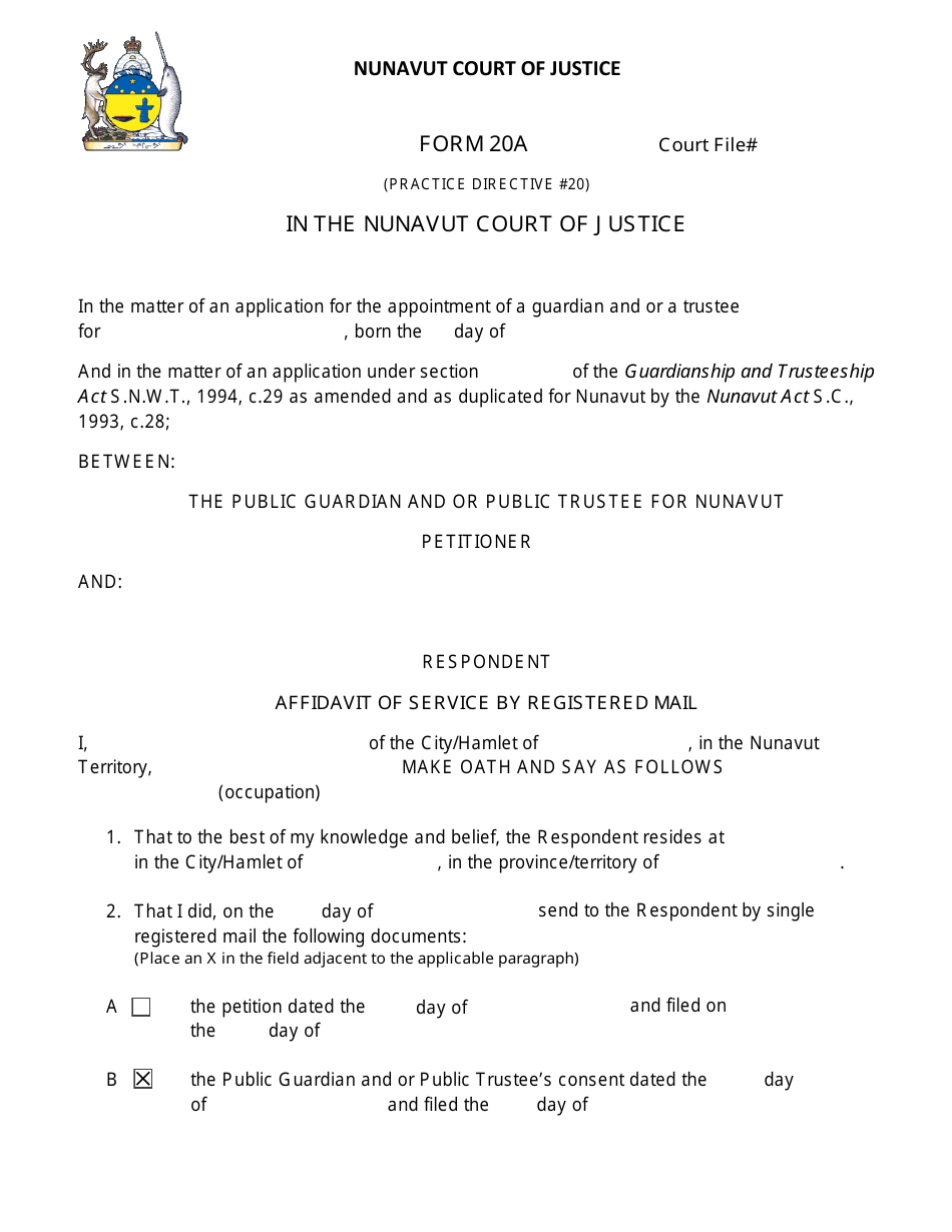 Form 20A Affidavit of Service by Registered Mail - Nunavut, Canada, Page 1