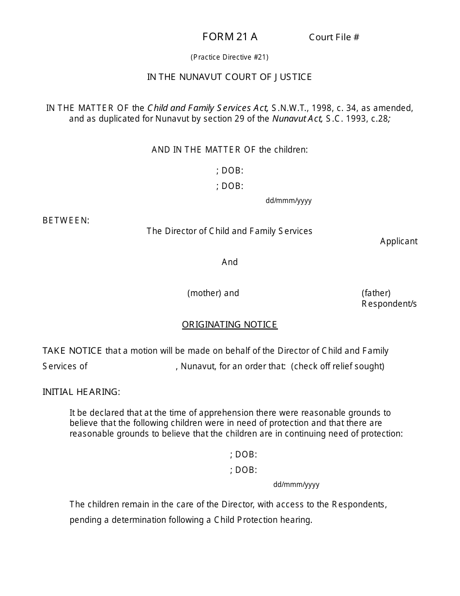 Form 21 A Originating Notice - Nunavut, Canada, Page 1