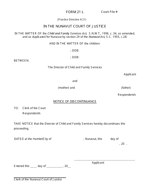 Form 21 L Notice of Discontinuance - Nunavut, Canada