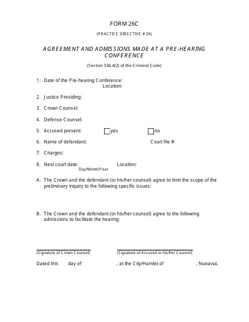 Form 26C Agreement and Admissions Made at a Pre-hearing Conference - Nunavut, Canada