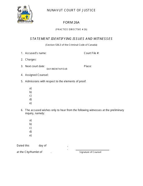 Form 26A Statement Identifying Issues and Witnesses - Nunavut, Canada