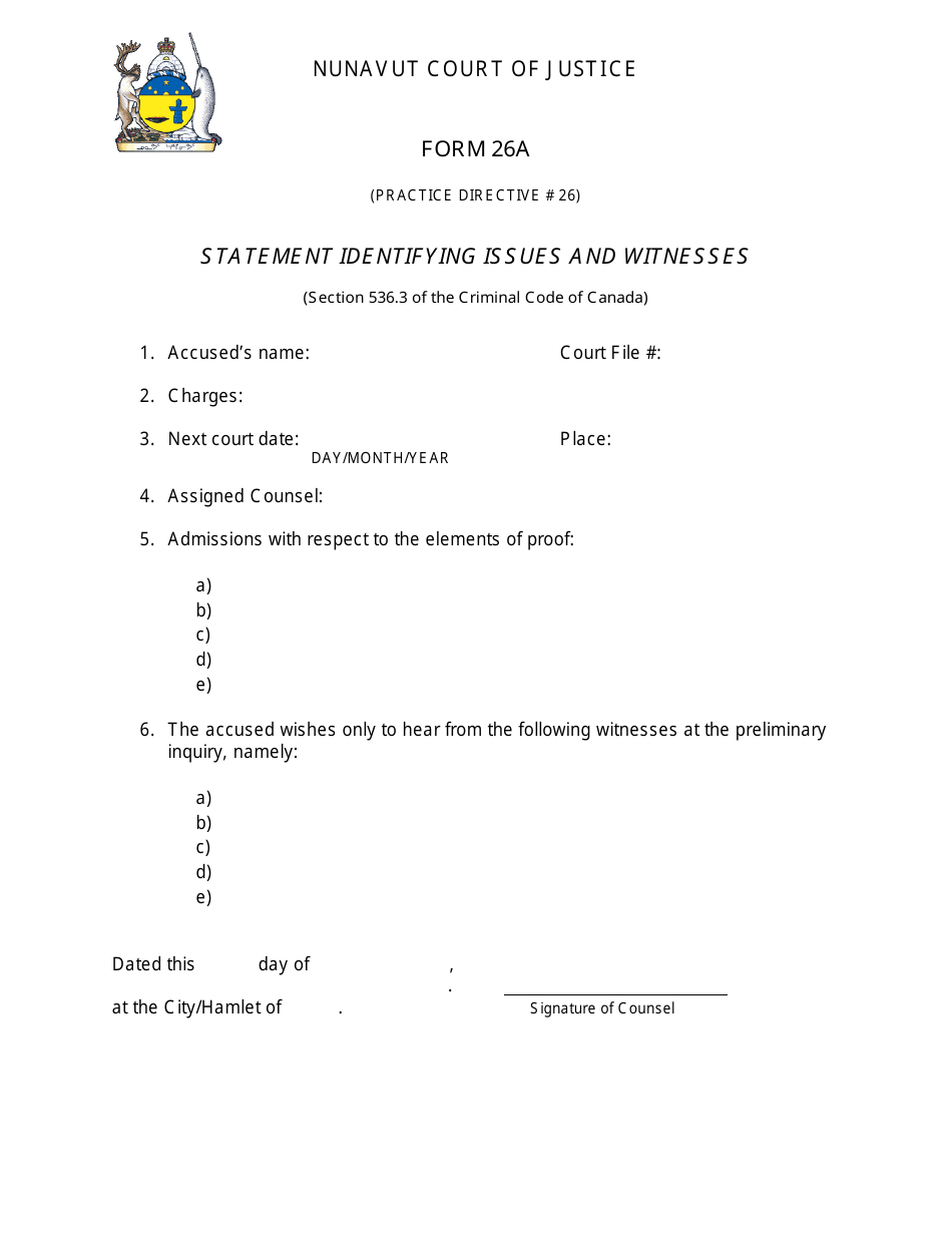 Form 26A Statement Identifying Issues and Witnesses - Nunavut, Canada, Page 1