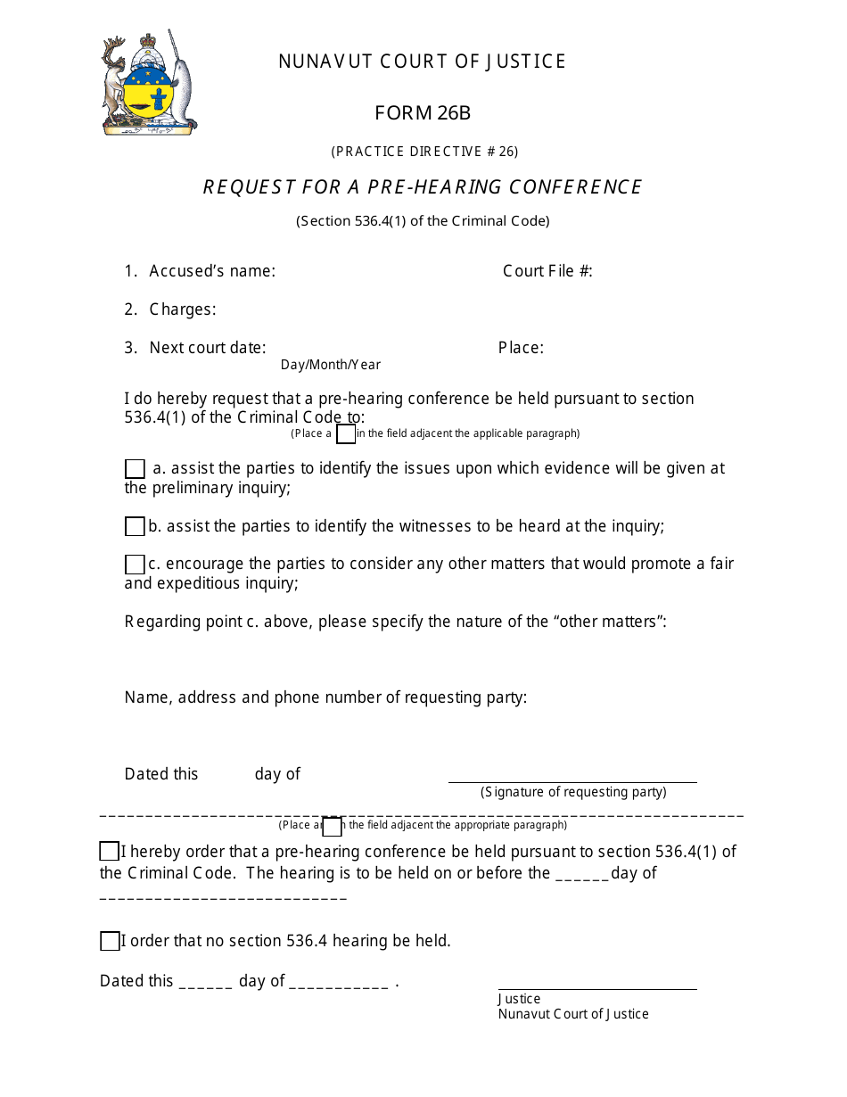Form 26B Request for a Pre-hearing Conference - Nunavut, Canada, Page 1