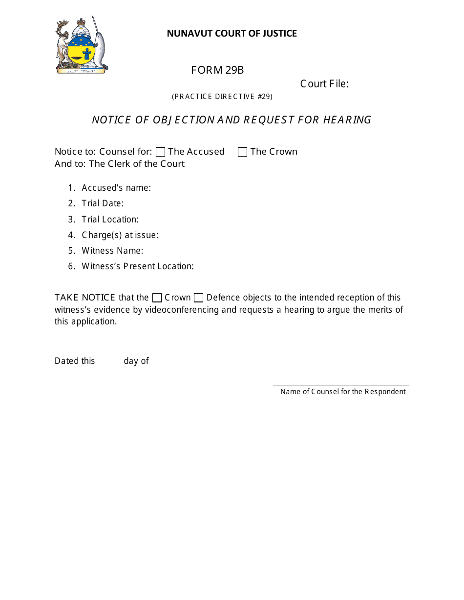Form 29B Notice of Objection and Request for Hearing - Nunavut, Canada, Page 1