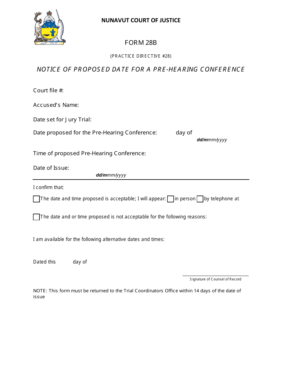 Form 28B Notice of Proposed Date for a Pre-hearing Conference - Nunavut, Canada, Page 1