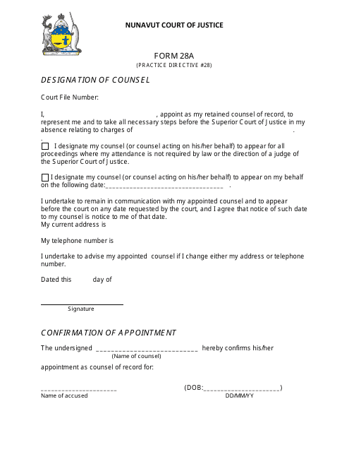 Form 28A Confirmation of Appointment - Nunavut, Canada