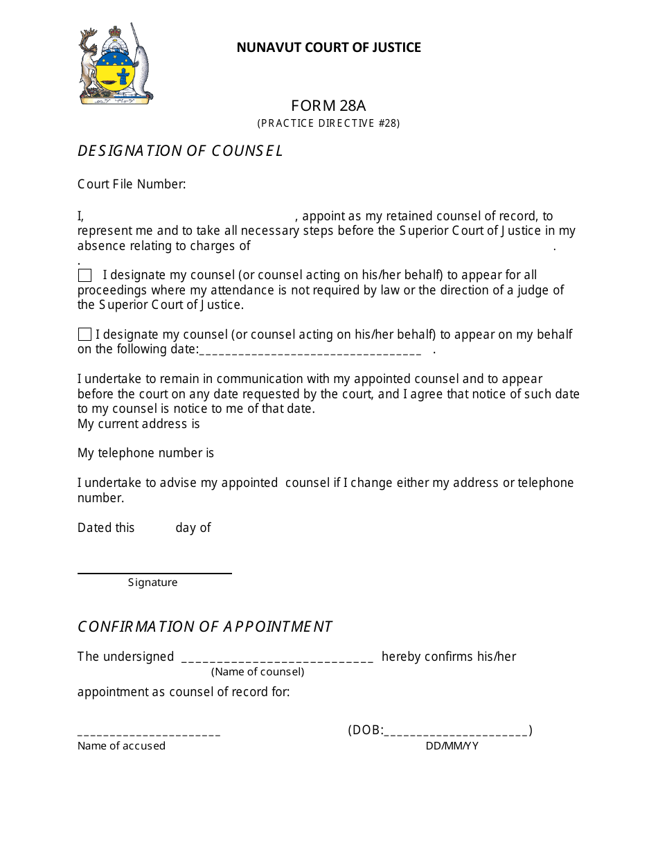 Form 28A Confirmation of Appointment - Nunavut, Canada, Page 1