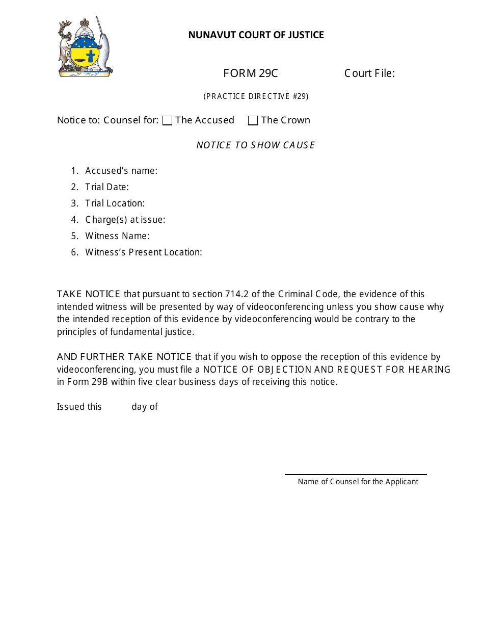 Form 29C Notice to Show Cause - Nunavut, Canada, Page 1