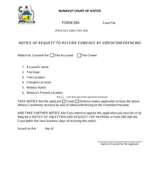 Form 29A Notice of Request to Receive Evidence by Videoconferencing - Nunavut, Canada