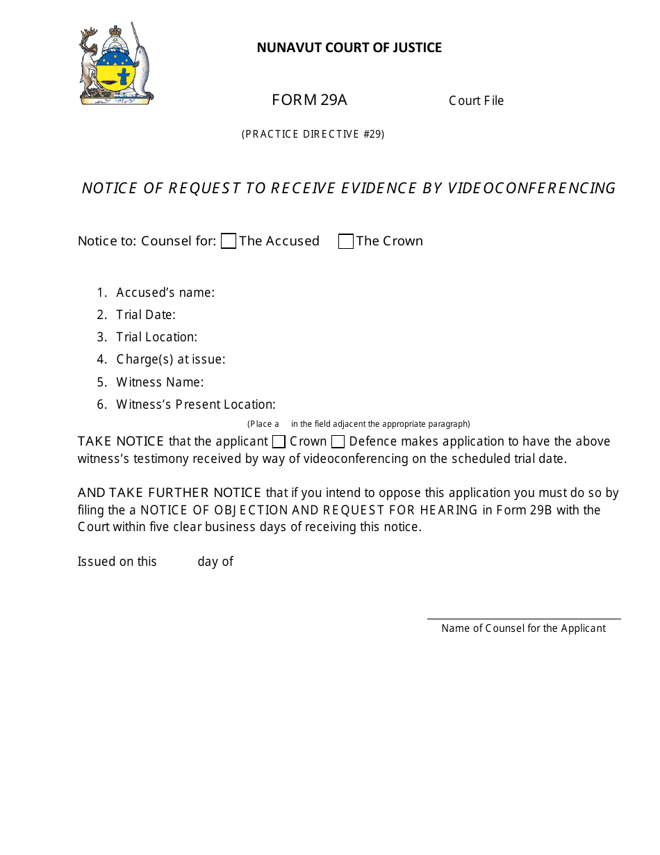 Form 29A Notice of Request to Receive Evidence by Videoconferencing - Nunavut, Canada, Page 1