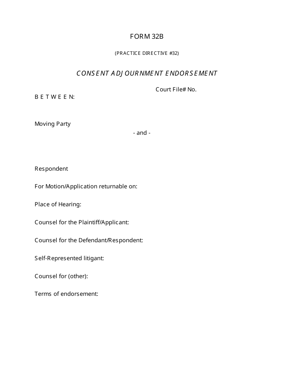 Form 32B Consent Adjournment Endorsement - Nunavut, Canada, Page 1