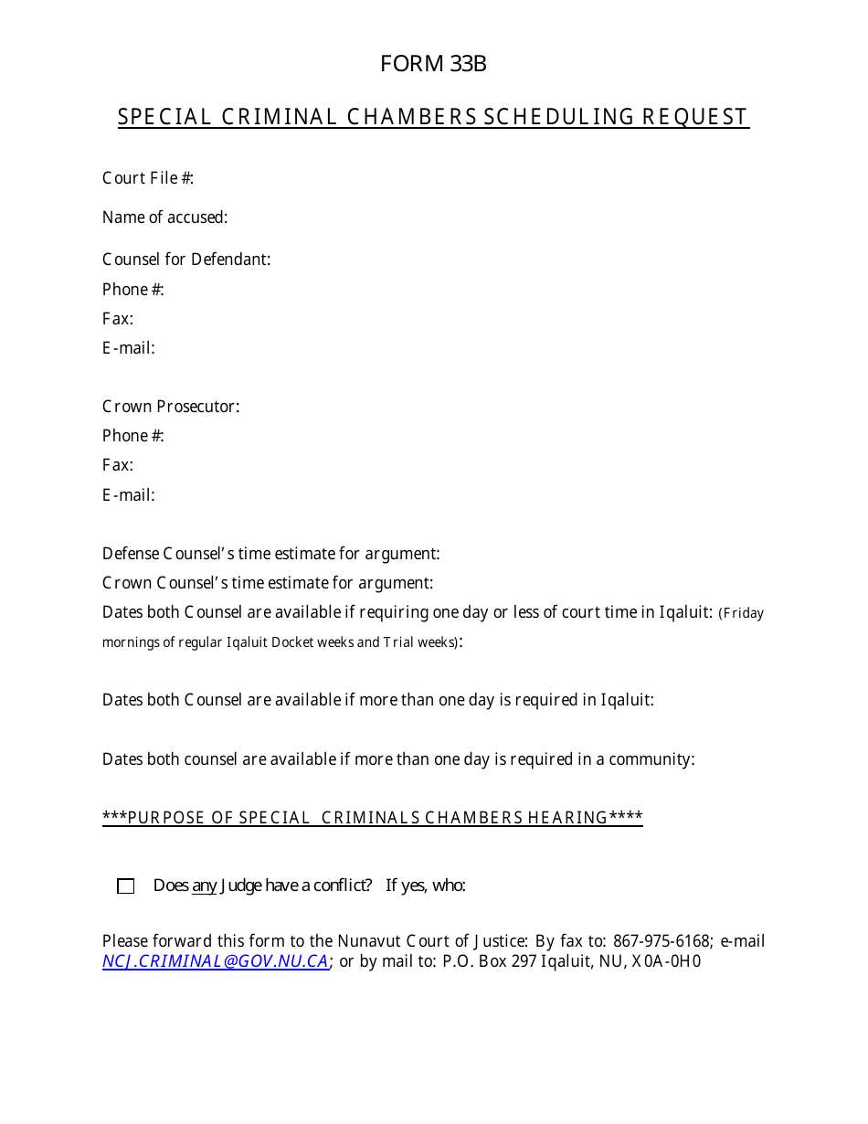 Form 33B Special Criminal Chambers Scheduling Request - Nunavut, Canada, Page 1