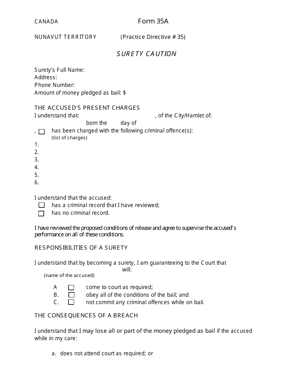 Form 35A Surety Caution - Nunavut, Canada, Page 1