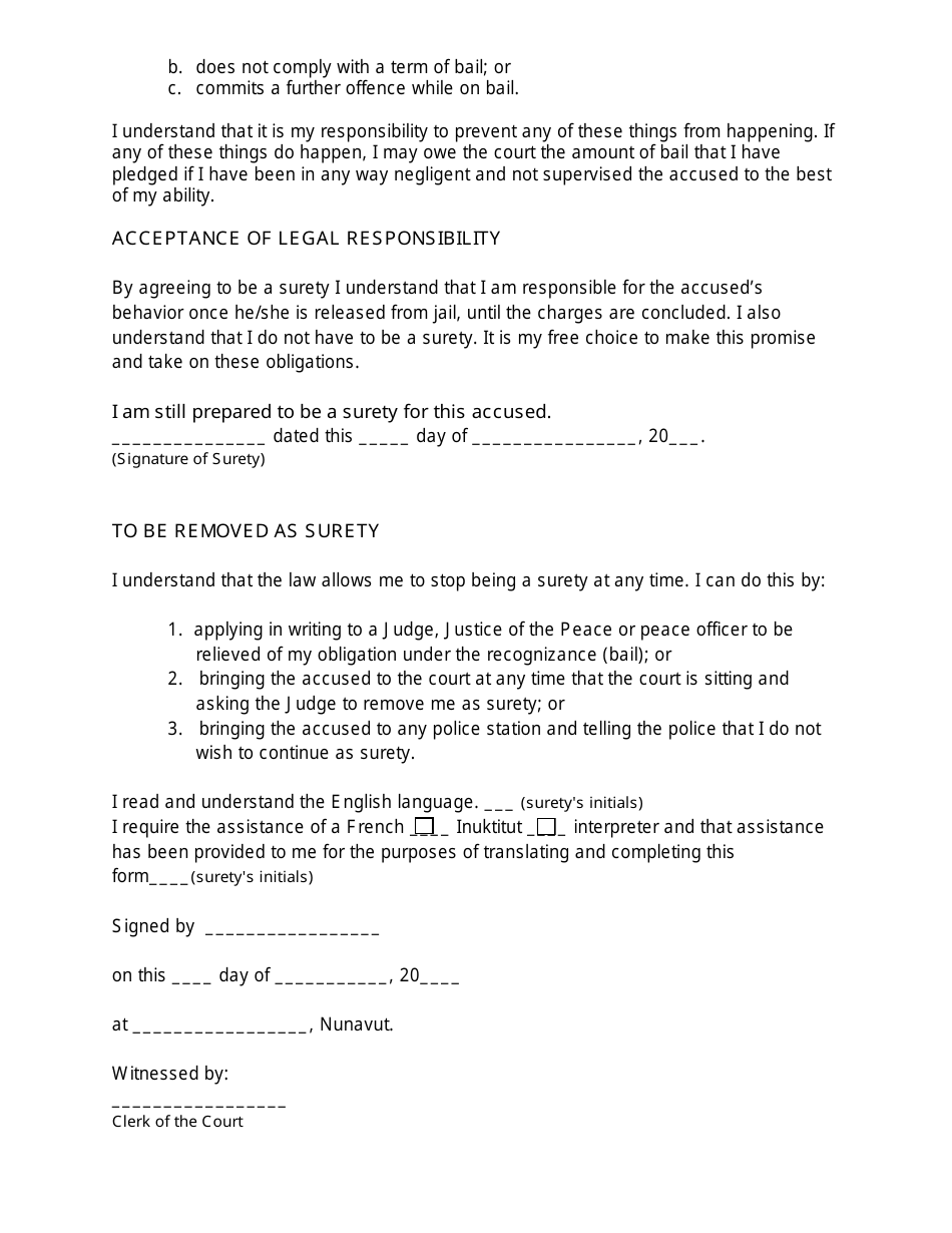 Form 35A Surety Caution - Nunavut, Canada, Page 2