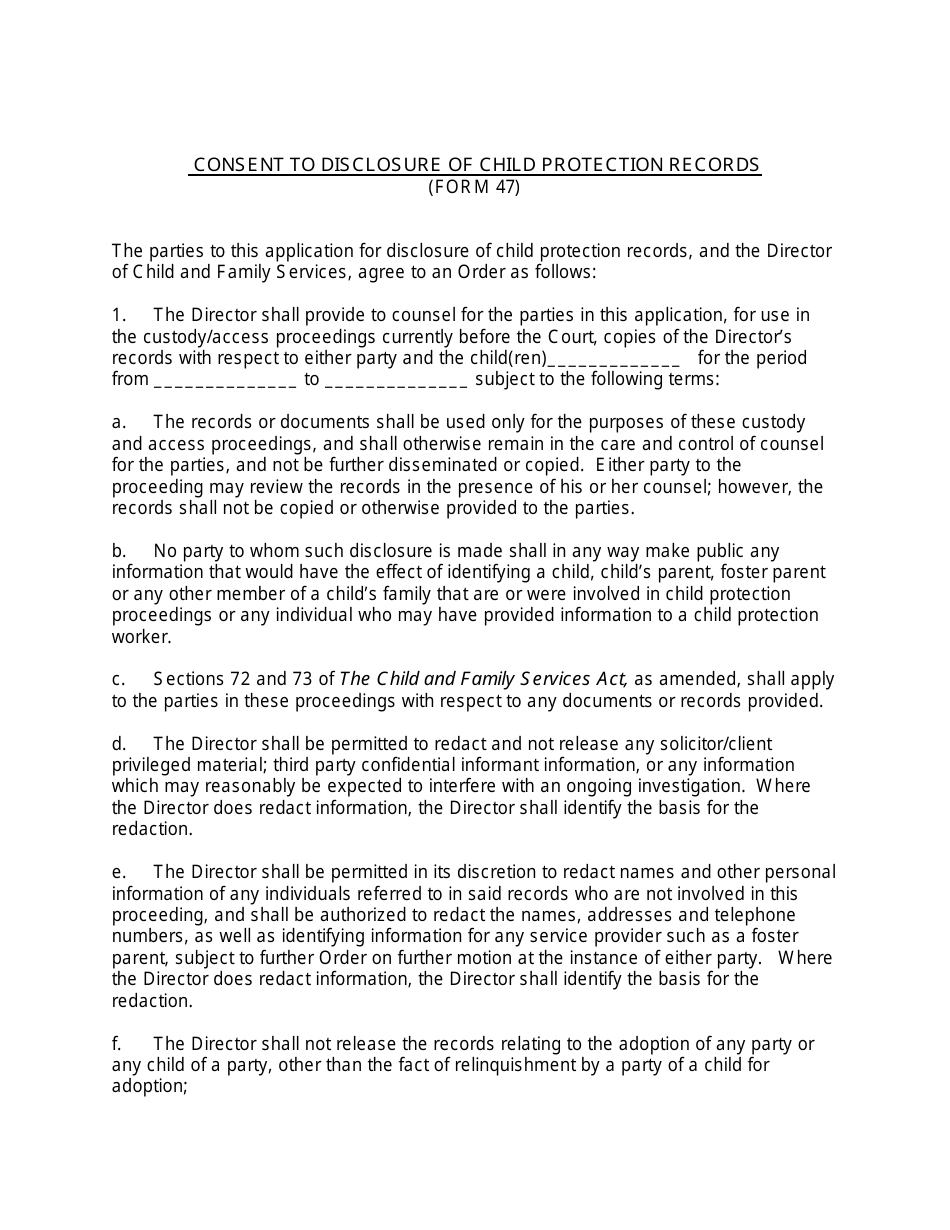 Form 47 Consent to Disclosure of Child Protection Records - Nunavut, Canada, Page 1