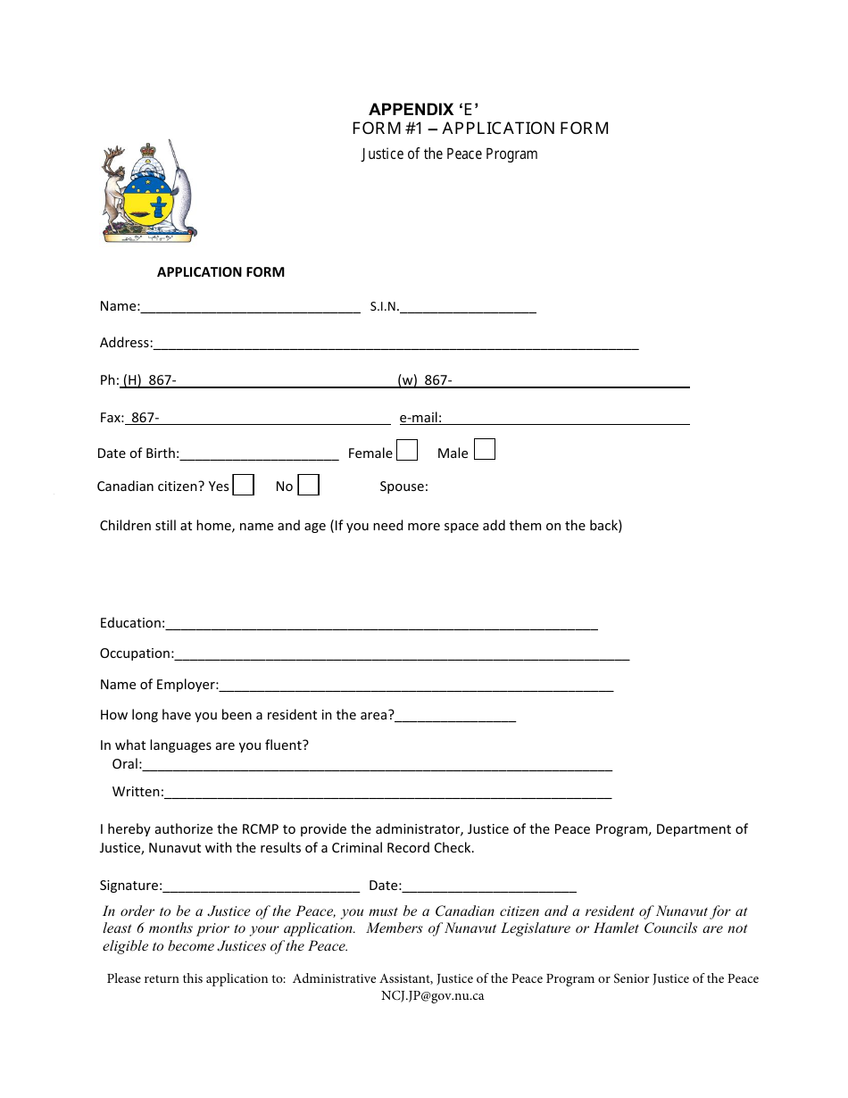 Form 1 Appendix E Application Form - Nunavut, Canada, Page 1