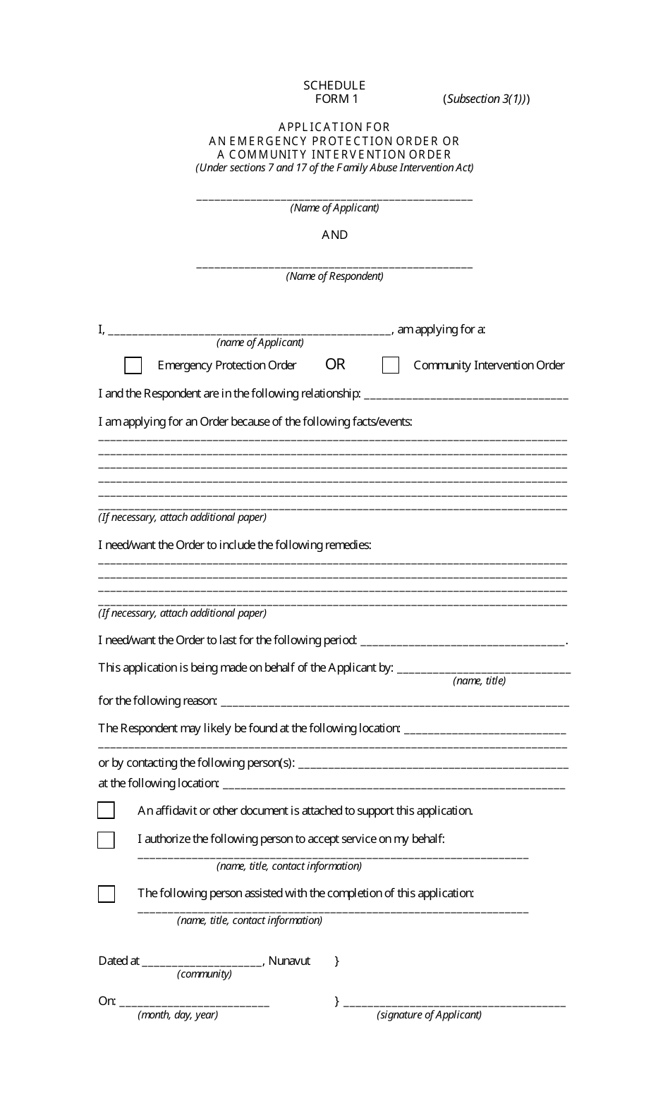 Form 1 Application for an Emergency Protection Order or a Community Intervention Order - Nunavut, Canada, Page 1