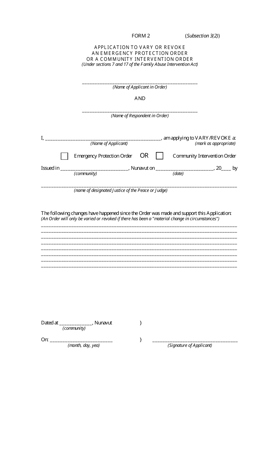 Form 2 Application to Vary or Revoke an Emergency Protection Order or a Community Intervention Order - Nunavut, Canada, Page 1