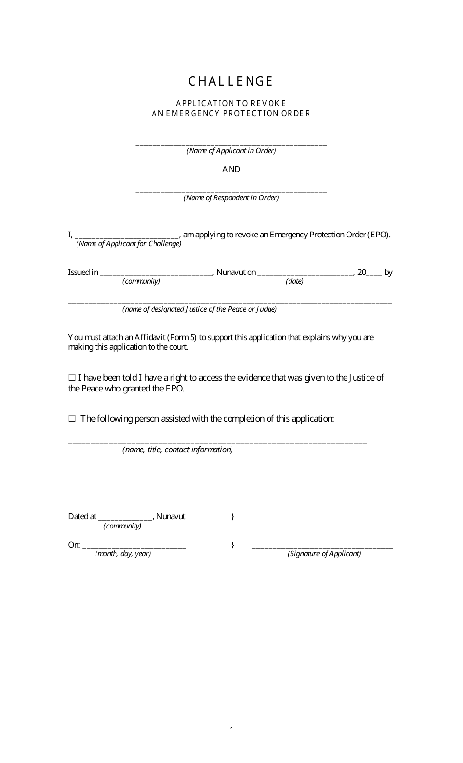 Challenge Application to Revoke an Emergency Protection Order - Nunavut, Canada, Page 1