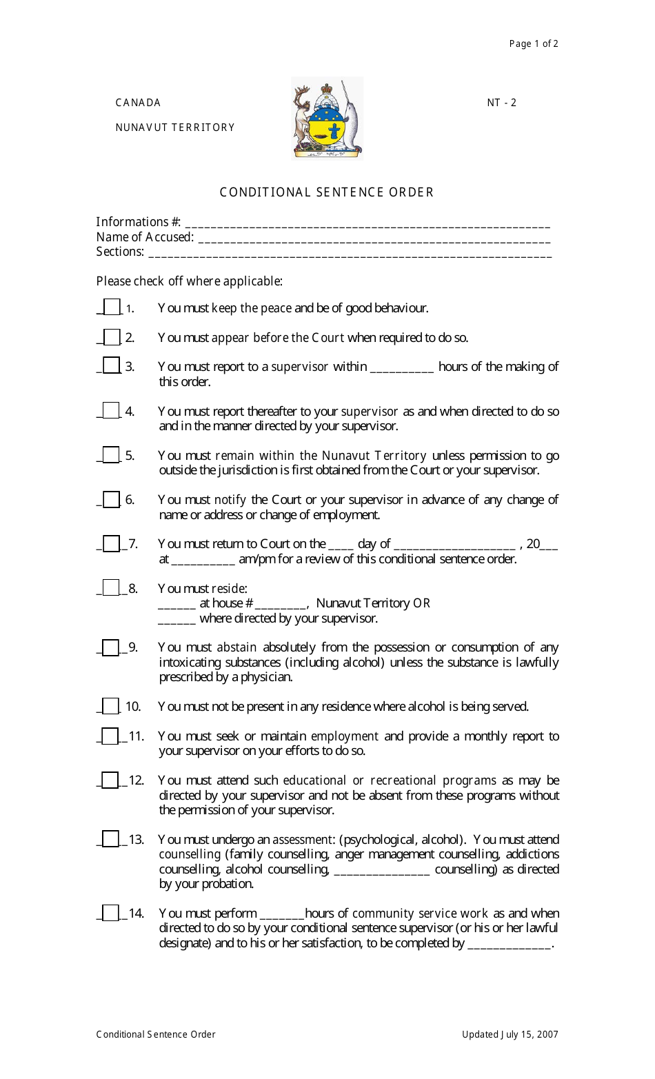 Form NT-2 Conditional Sentence Order - Nunavut, Canada, Page 1