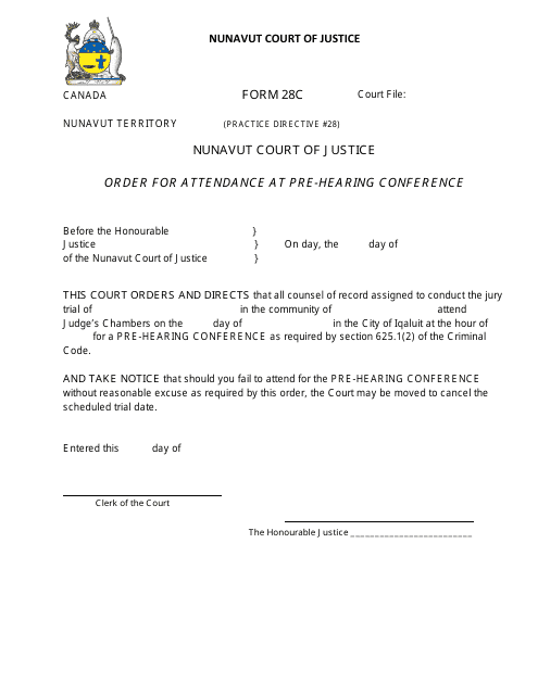 Form 28C Order for Attendance at Pre-hearing Conference - Nunavut, Canada