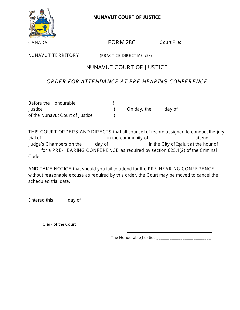 Form 28C Order for Attendance at Pre-hearing Conference - Nunavut, Canada, Page 1