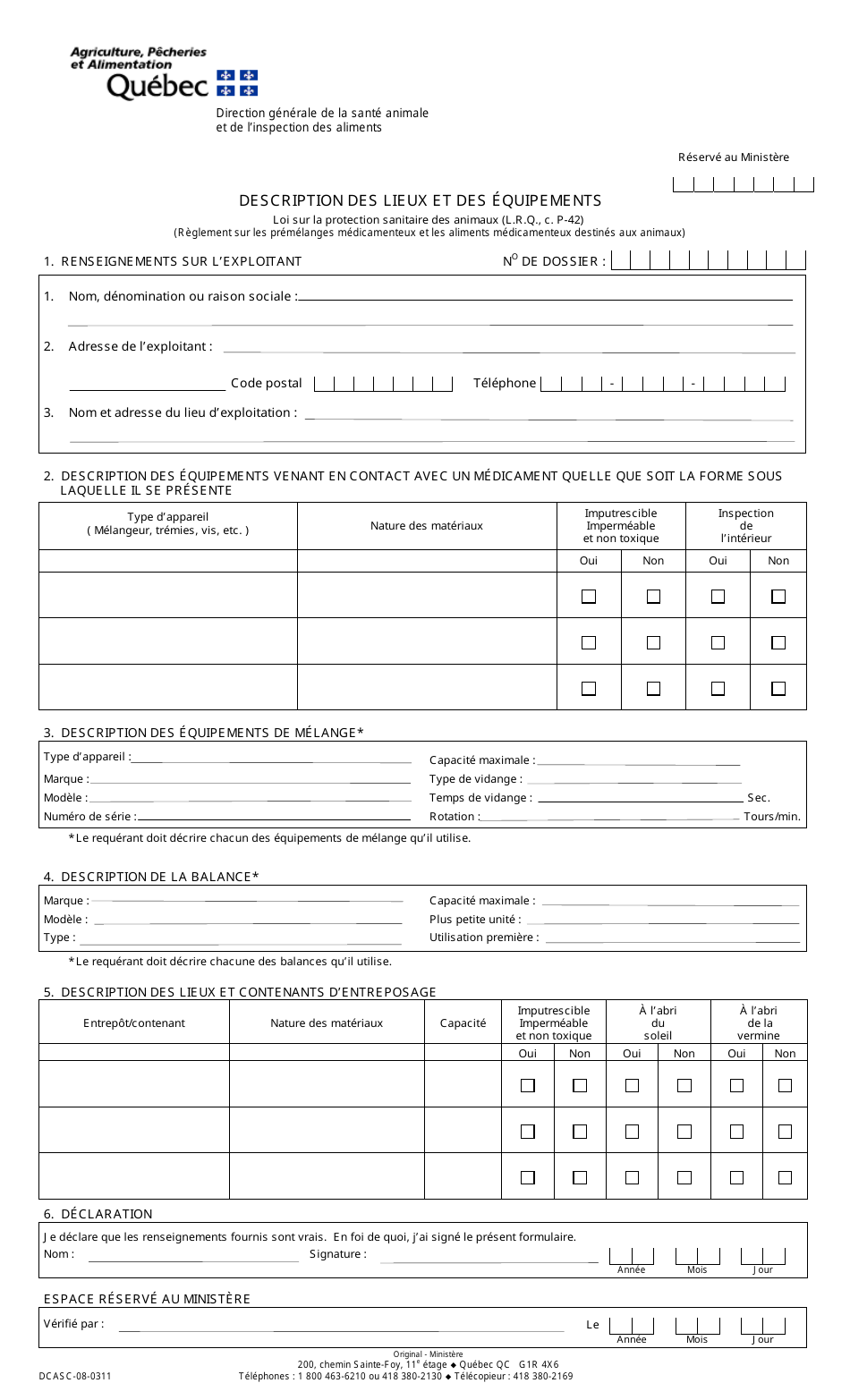Forme DCASC-08-0311 Description DES Lieux Et DES Equipements - Quebec, Canada (French), Page 1
